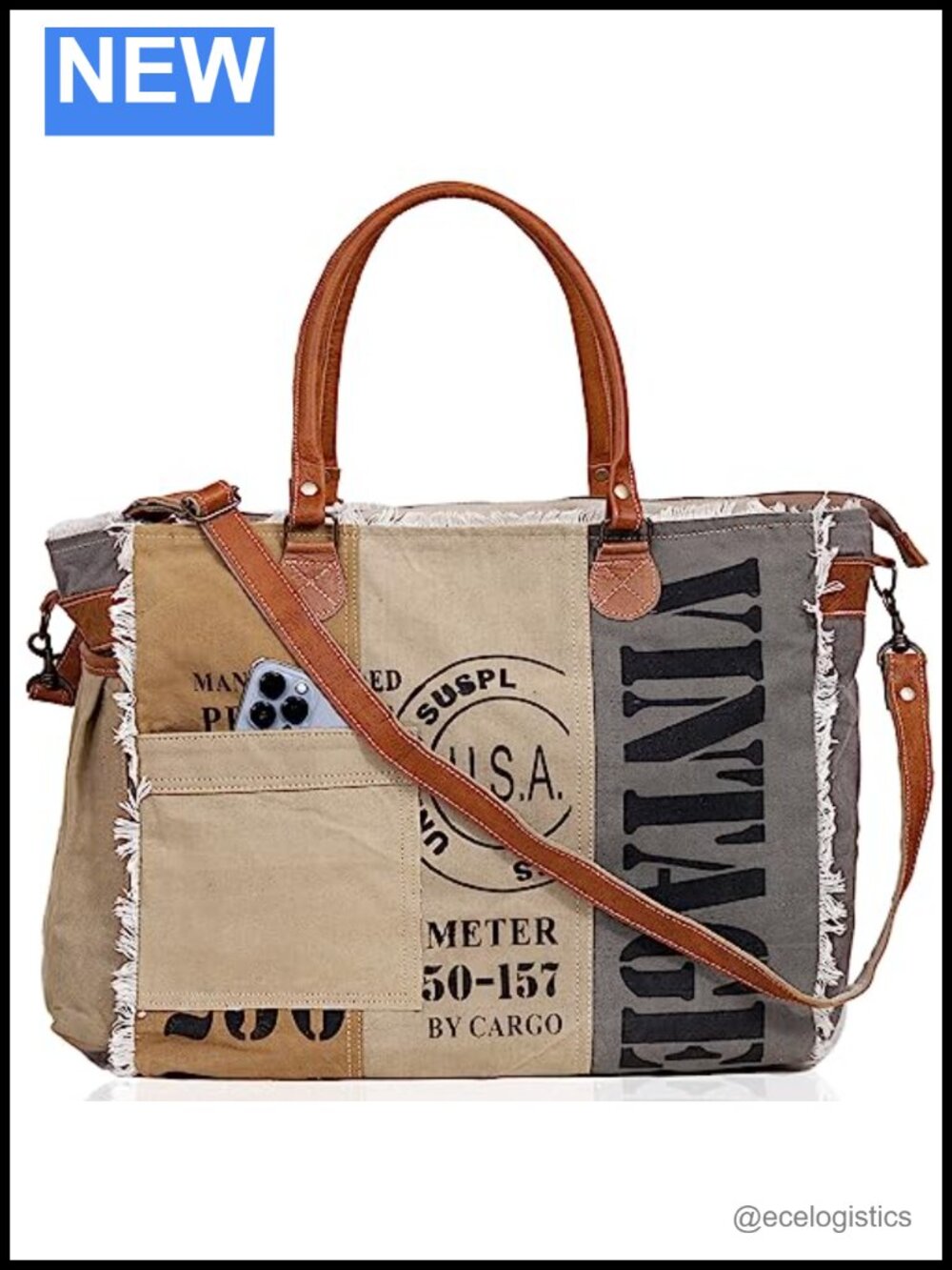 Vintage Patchwork Canvas Tote Bag with Leather Handles